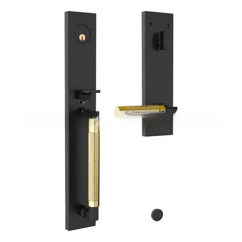 Baldwin 85317M07RENT Gramercy Knurled Full Escutcheon Tubular Right Hand Single Cylinder Handleset with Unlacquered Brass Handle Pull and Lever Grip On The Satin Black Finish