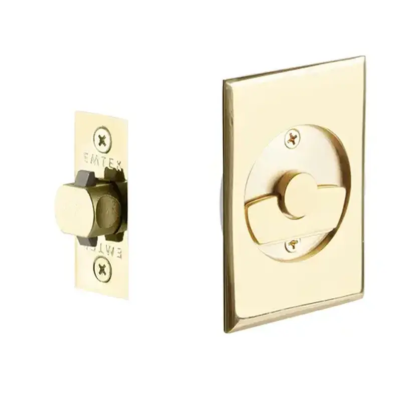 Emtek 2015US3 Rectangular Privacy Pocket Door Tubular Lock with Privacy Strike Plate and Dust Box Polished Brass Lifetime Finish