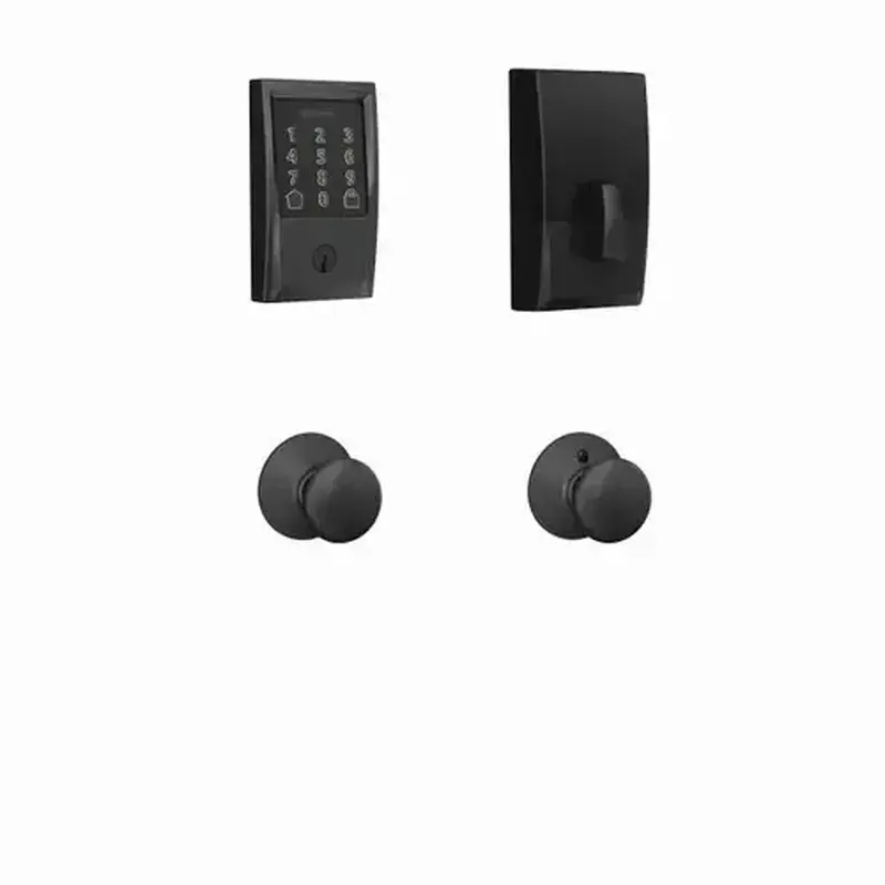 Schlage Residential FBE489WBCPLY622CEN Century Encode Smart Wifi Touchscreen Deadbolt with Plymouth Knob Passage Lock Combo Pack with C Keyway; 16292 Latch; and 10269 Strike Matte Black Finish