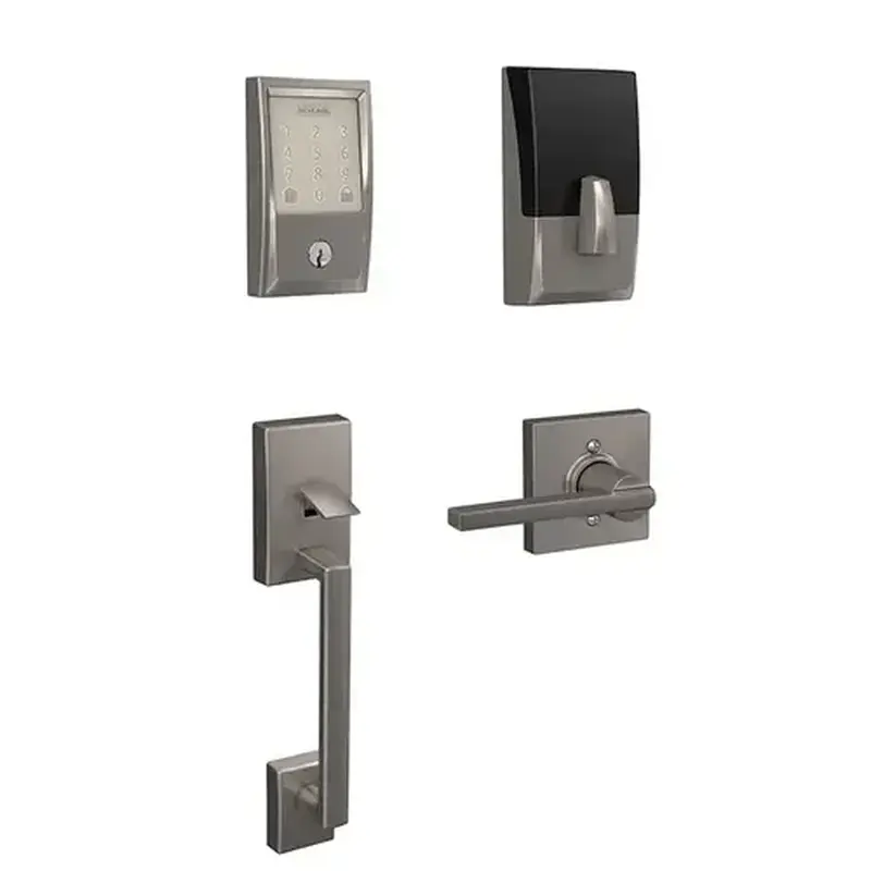 Schlage Residential FE489WBCCEN619LATCOL Century Encode Smart Wifi Touchscreen Deadbolt with Lower Century Handleset and Latitude Lever with Collins Rose Trim Combo Pack with C Keyway; 16292 Latch; and 10269 Strike Satin Nickel Finish