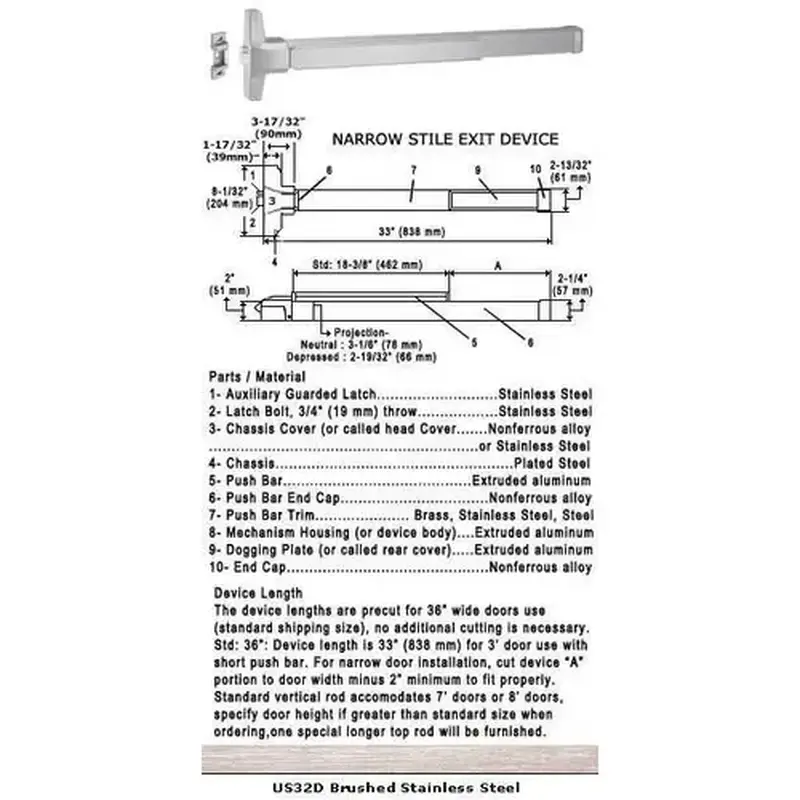 International Door Closers 8510F/8710F-US32D-36 Grade 1 Fire Rated Narrow Stile Push Bar Rim Panic US32D Finish 36" Satin Stainless Steel