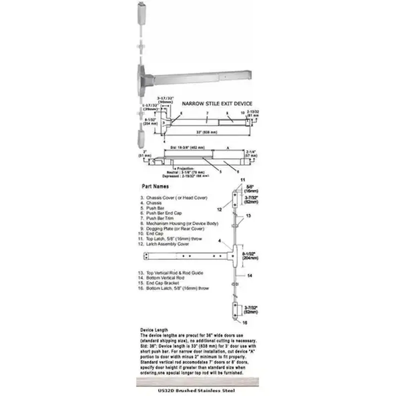 International Door Closers 8530S/8730S-US32D-36 Grade 1 Narrow Stile Surface Rod Panic Exit Device US32D Finish 36" Satin Stainless Steel