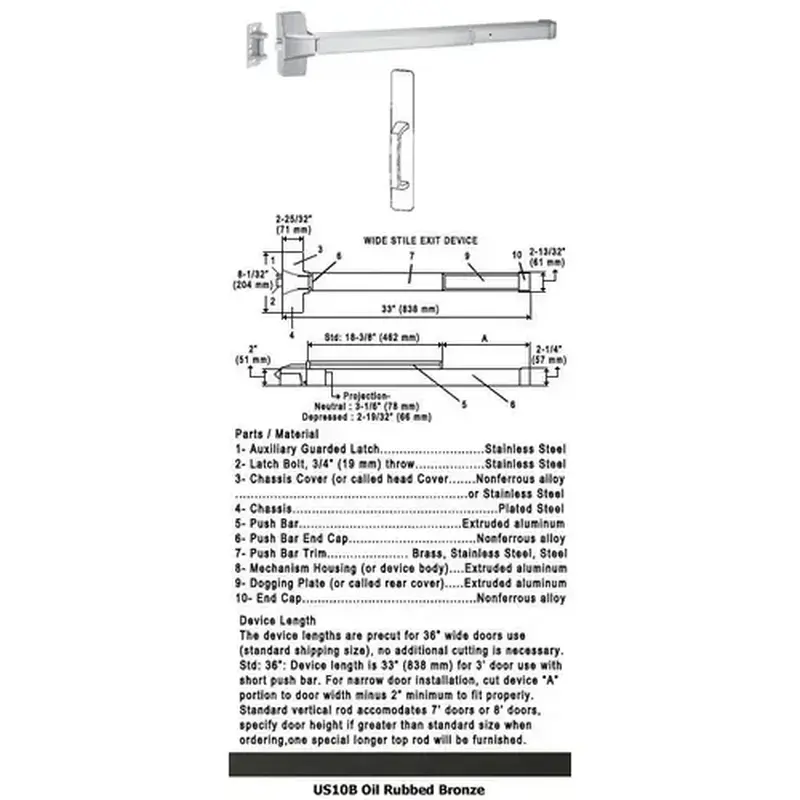 International Door Closers 86P-5D/87P-5D-US10B Grade 1 Push Bar Rim Panic Exit Device With Pull Plate Trim US10B 36" Dark Oxidized Satin Bronze