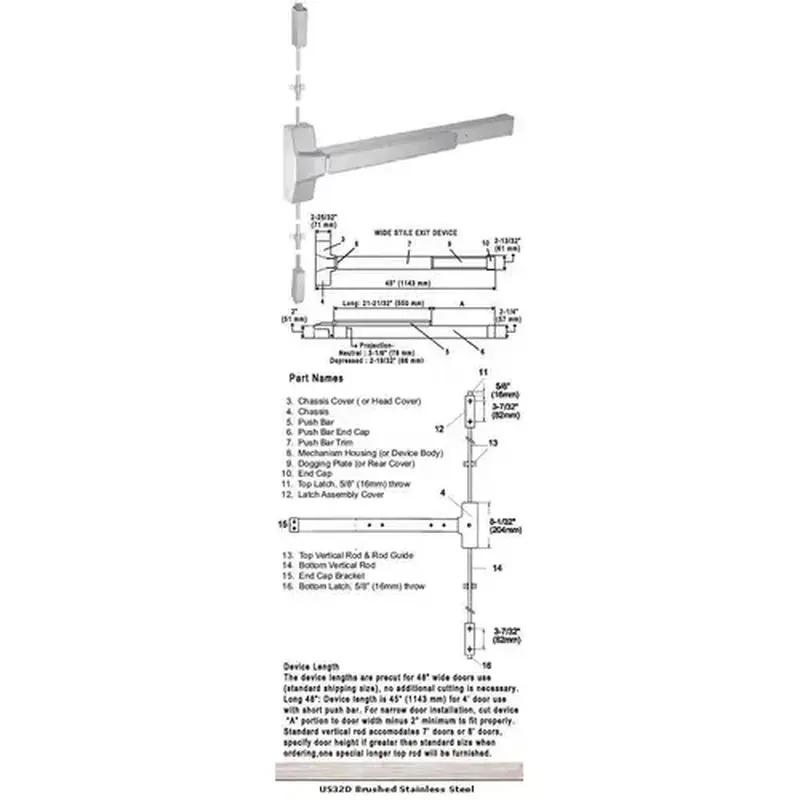 International Door Closers LBR8630S/8830S-US32D-48 Grade 1 Surface Rod Panic Exit Device US32D Finish 48" Satin Stainless Steel