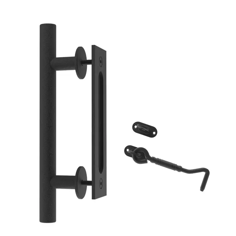 12 in. Steel Black Powered Ladder Sliding Barn Door Handle with Hook Lock Latch