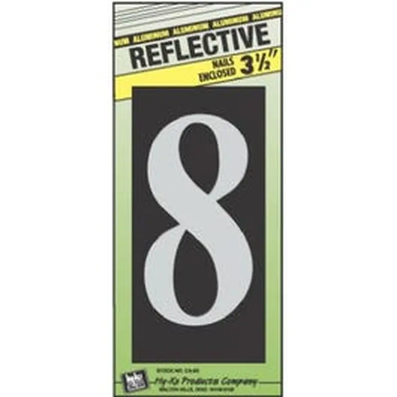 House Address Number "8", Reflective Aluminum, 3.5-In. On 5-In.Black Panel
