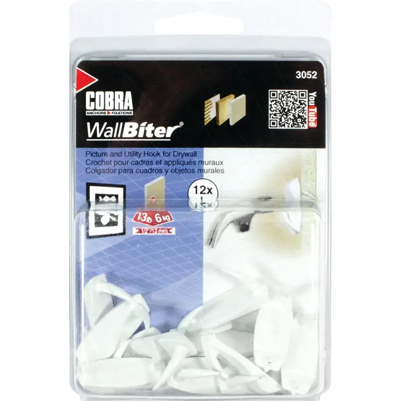 Cobra Anchors WallBiter 3052 Picture Hook, 13 lb, White, 12/PK