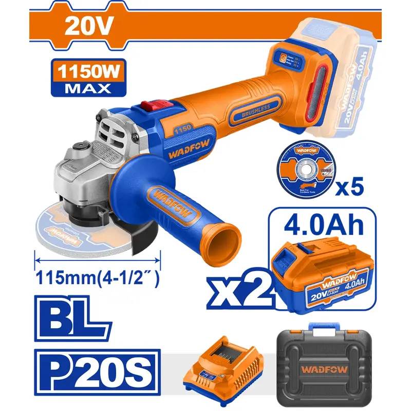 Cordless Angle Grinder 20V 115mm Wadfow WLAPB522