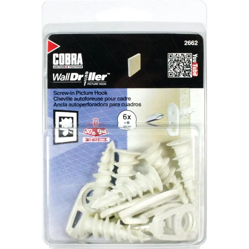Cobra Anchors 2662 Picture Hook, 30 lb, Nylon, White, #8 Opening