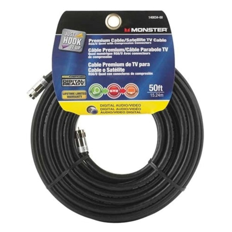 Just Hook It Up 140034-00 Quad Coaxial Cable with Compression Connectors, 50 ft L, 18 AWG Wire, RG6 Cable, Black Jacket